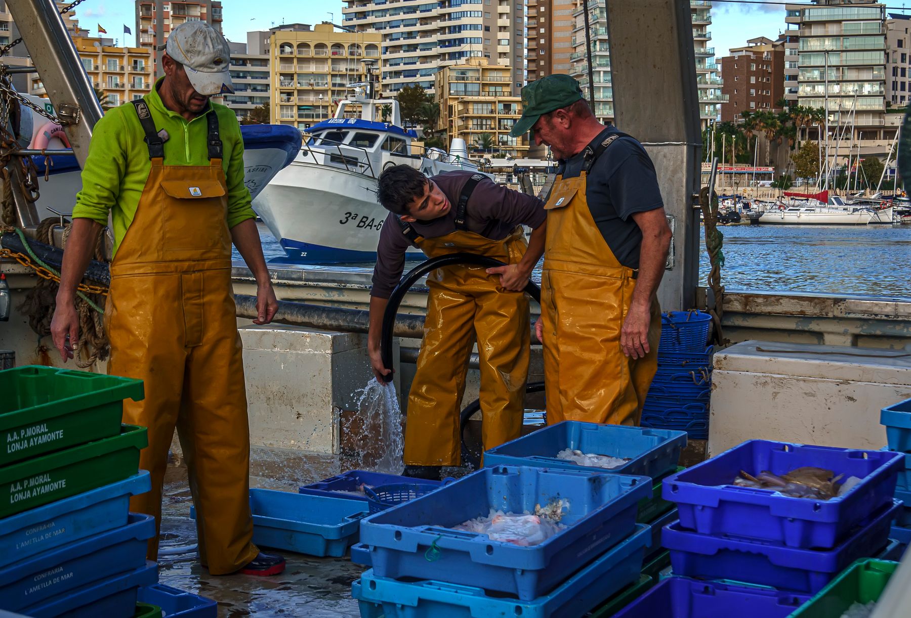 Spanish marine team at a working harbor